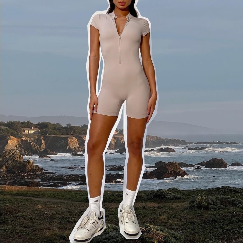 SET Active Taupe Zip-Up Romper